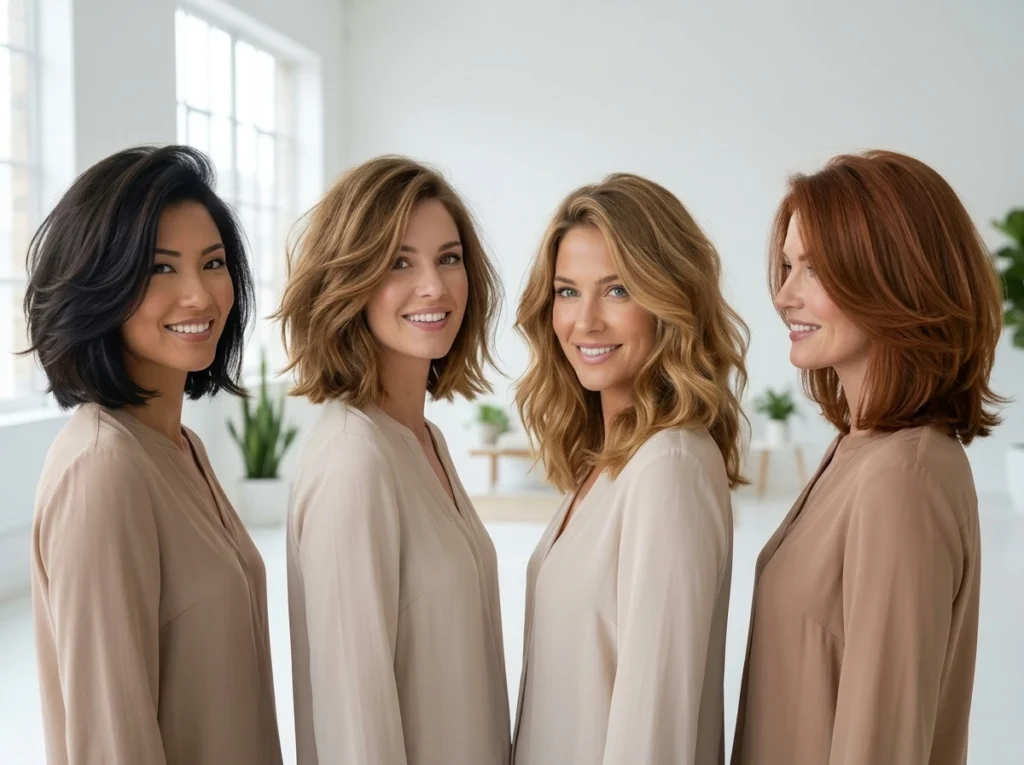 Quatre femmes souriantes aux cheveux fins, présentant diverses coupes courtes et mi-longues, ondulées et dégradées, avec du volume.