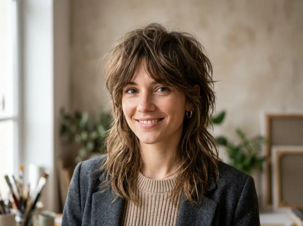Photo réaliste portrait femme 25-35 ans, coupe wolf cut moderne et texturée, volume