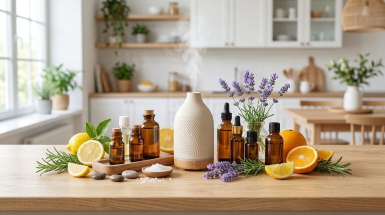 Diffuseur d'huiles essentielles, flacons, lavande, citron, orange et romarin sur comptoir de cuisine lumineux.