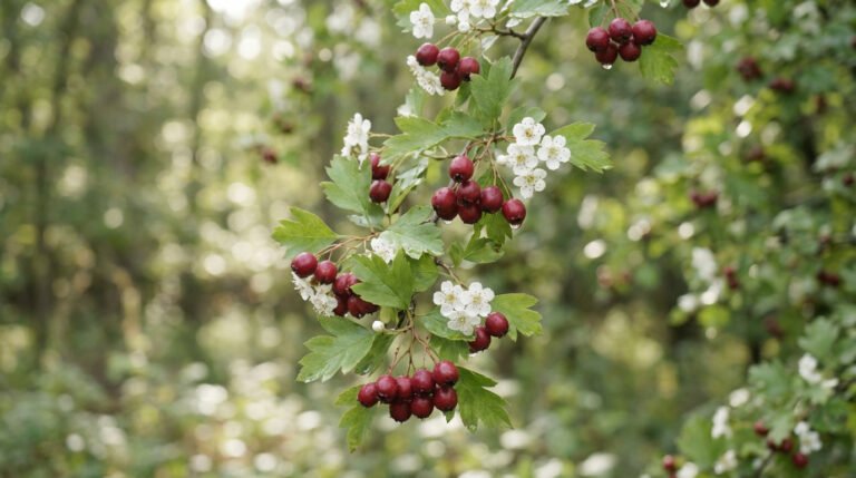 Gros plan sur une branche d'aubépine avec de petites fleurs blanches et des grappes de baies rouges luisantes, sur fond vert flou.