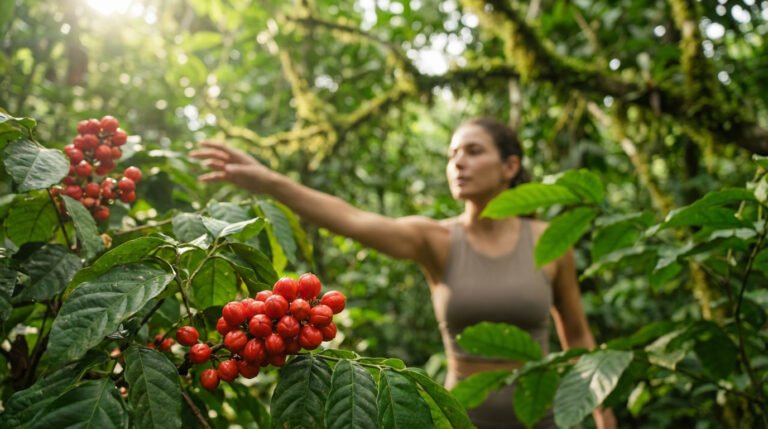 Une femme dans une forêt luxuriante tend la main vers des baies rouges de guarana, symbolisant la récolte et la vitalité naturelle.
