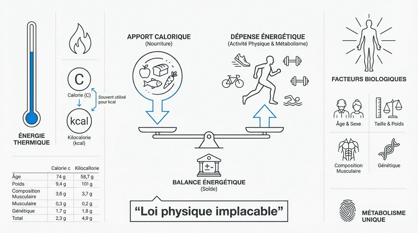 Sch&eacute;ma de la balance &eacute;nerg&eacute;tique entre apports alimentaires et d&eacute;penses physiques