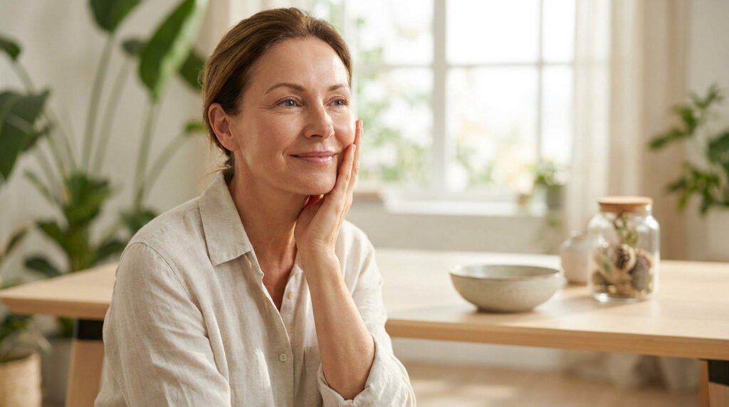 Femme d'environ 50 ans souriante, la main sur la joue, dans un intérieur lumineux et naturel, symbolisant la fermeté de la peau.