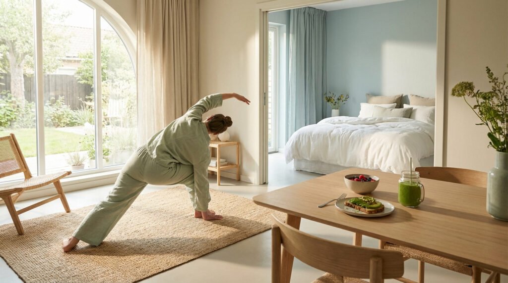 Femme en tenue verte faisant du yoga dans un salon lumineux avec jardin, chambre claire et petit-déjeuner sain sur table en bois.
