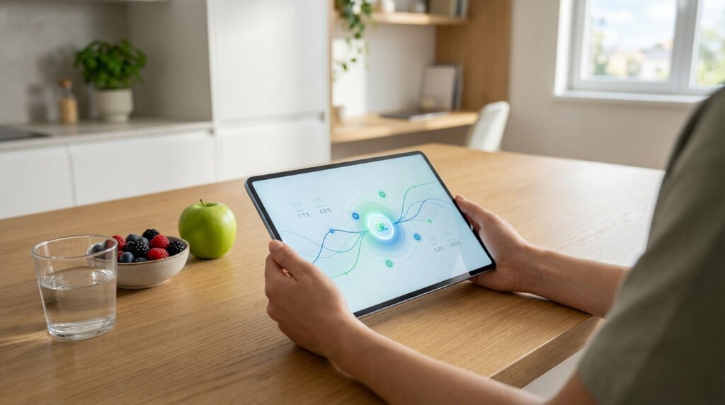 Personne consultant une app de suivi nutritionnel sur tablette, avec eau, baies et pomme sur la table en bois.