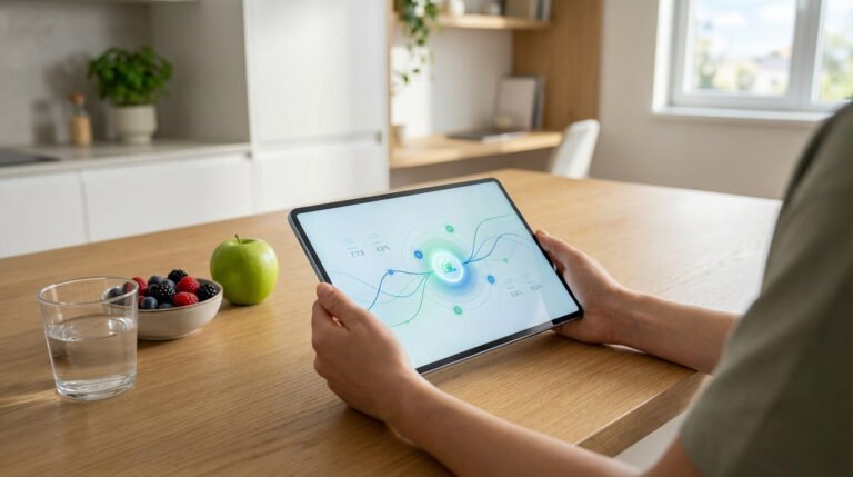 Personne consultant une app de suivi nutritionnel sur tablette, avec eau, baies et pomme sur la table en bois.