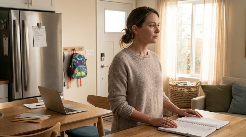 Femme pensive dans un intérieur domestique, les mains sur un agenda. Réfrigérateur, liste de courses et sac à dos suggèrent le quotidien.