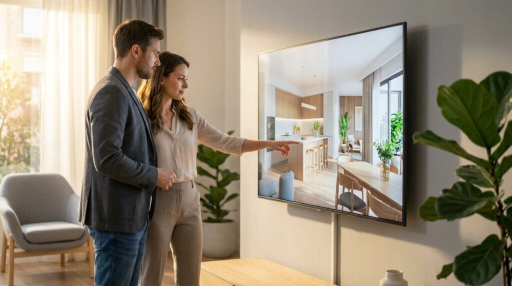 Un couple regarde un grand téléviseur affichant une visualisation 3D détaillée d'un intérieur moderne. La femme pointe l'écran.