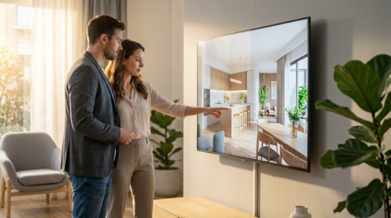 Un couple regarde un grand téléviseur affichant une visualisation 3D détaillée d'un intérieur moderne. La femme pointe l'écran.