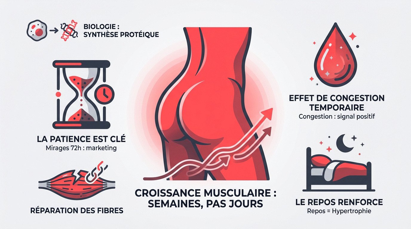 Sch&eacute;ma illustrant la reconstruction des fibres musculaires fessi&egrave;res durant le repos et le sommeil pour un volume durable.