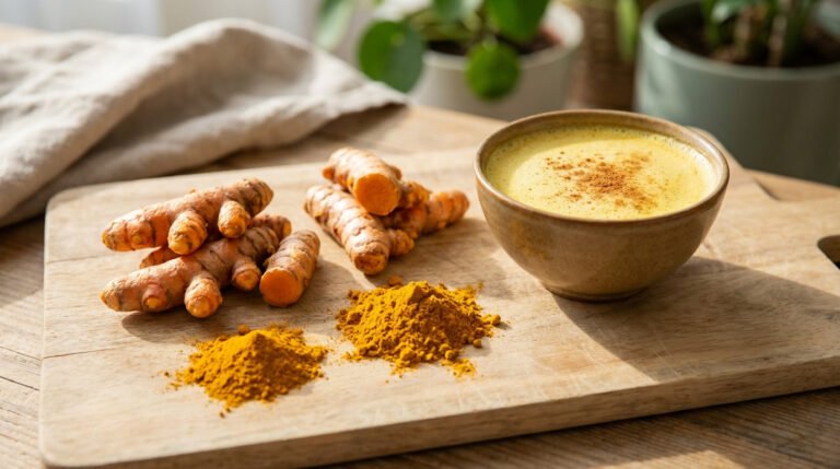 Racines de curcuma frais, poudre d'épice et un bol de lait d'or saupoudré de cannelle sur une planche en bois.