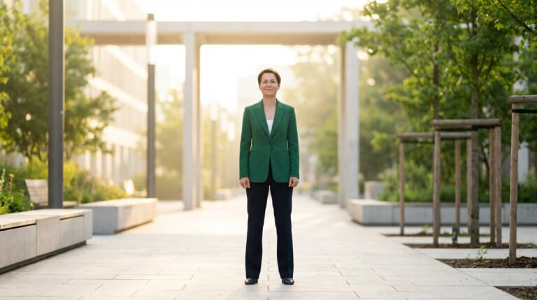 Femme souriante en blazer vert et pantalon foncé, debout dans un parc urbain moderne et verdoyant baigné de lumière douce.