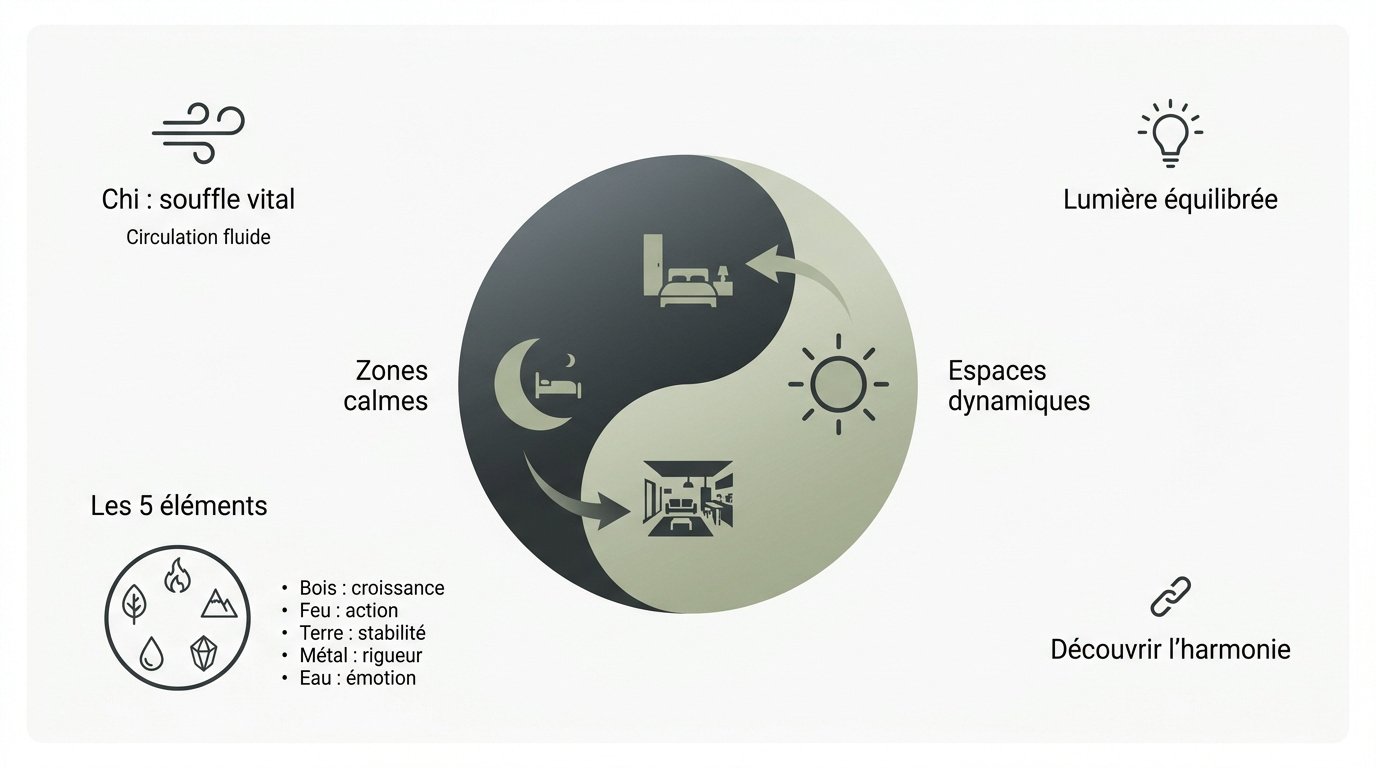 Diagramme de l'équilibre Feng Shui avec le Yin Yang et les cinq éléments