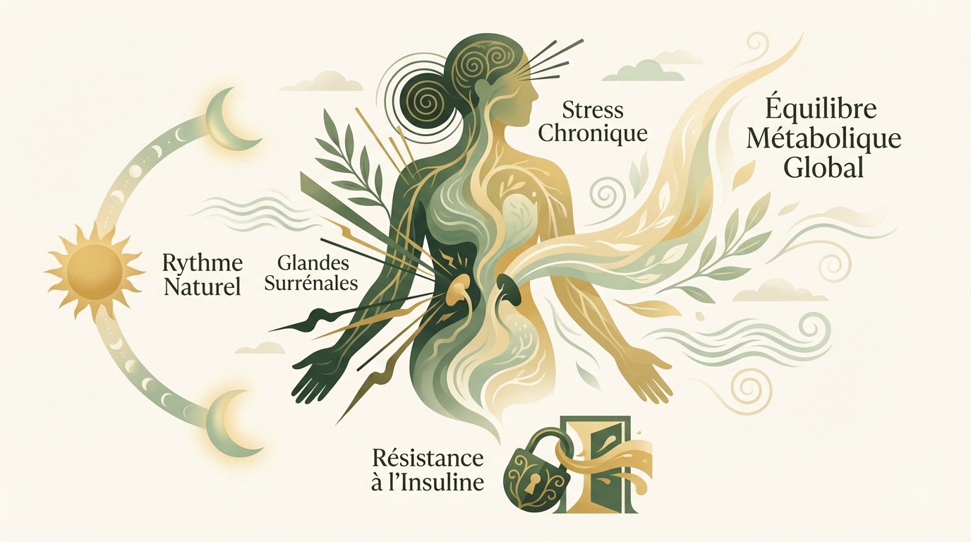 Schéma de l'équilibre hormonal entre stress et sérénité montrant le rôle du cortisol