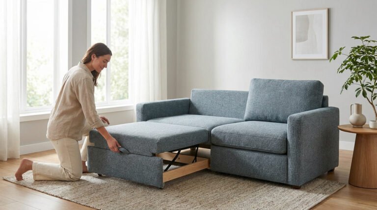 Une femme agenouillée transforme un fauteuil convertible bleu-gris, dévoilant son mécanisme d'extension en un couchage d'appoint.