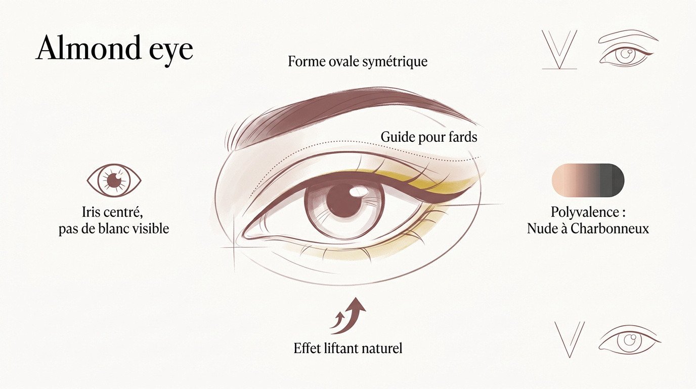 Maquillage professionnel mettant en valeur des yeux en amande avec des fards chauds