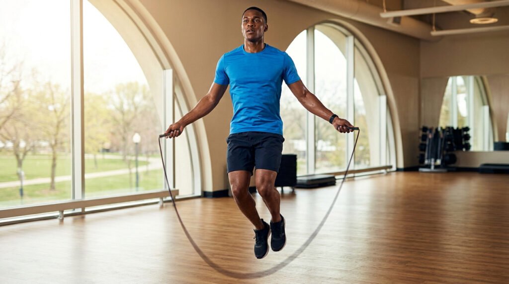 Homme en plein saut à la corde dans une salle de sport moderne, portant un t-shirt bleu et un short noir. Il est en sueur.