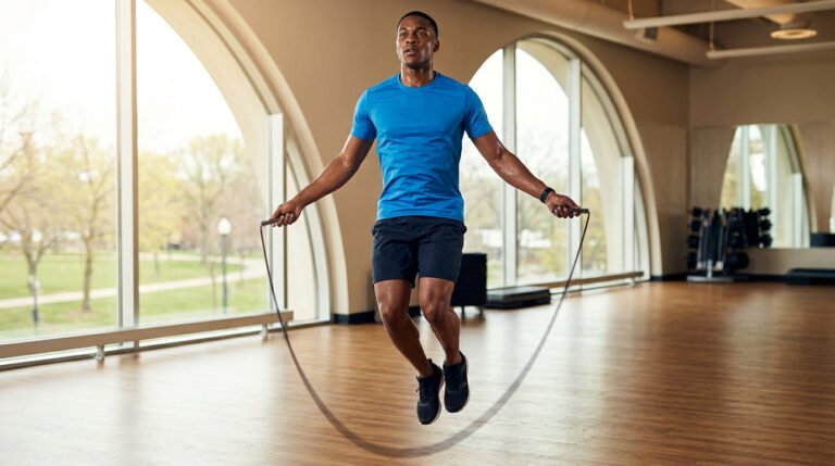 Homme en plein saut à la corde dans une salle de sport moderne, portant un t-shirt bleu et un short noir. Il est en sueur.