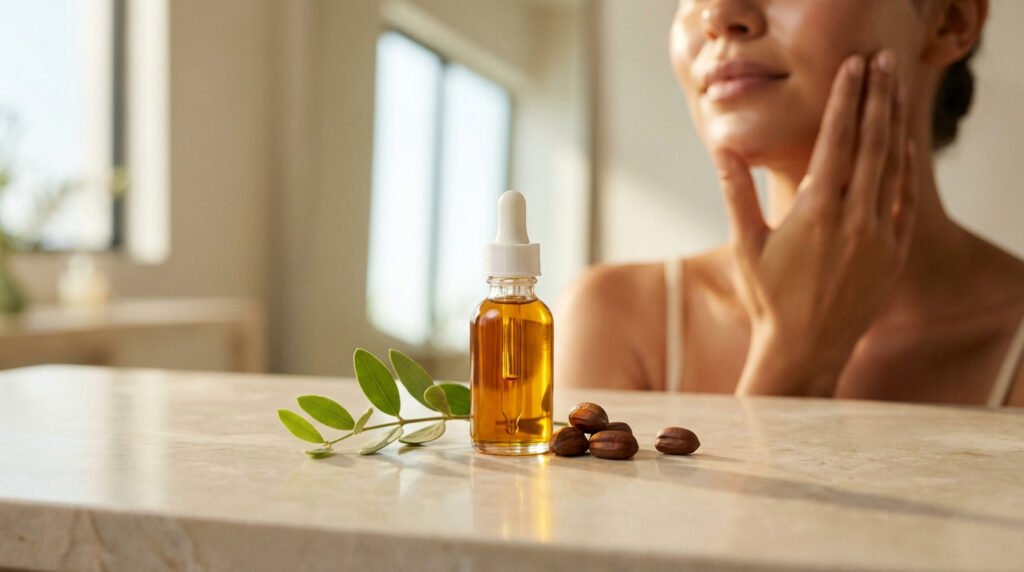 Flacon d'huile de jojoba dorée, graines et feuilles sur marbre. Femme appliquant un produit sur son visage en arrière-plan flou.