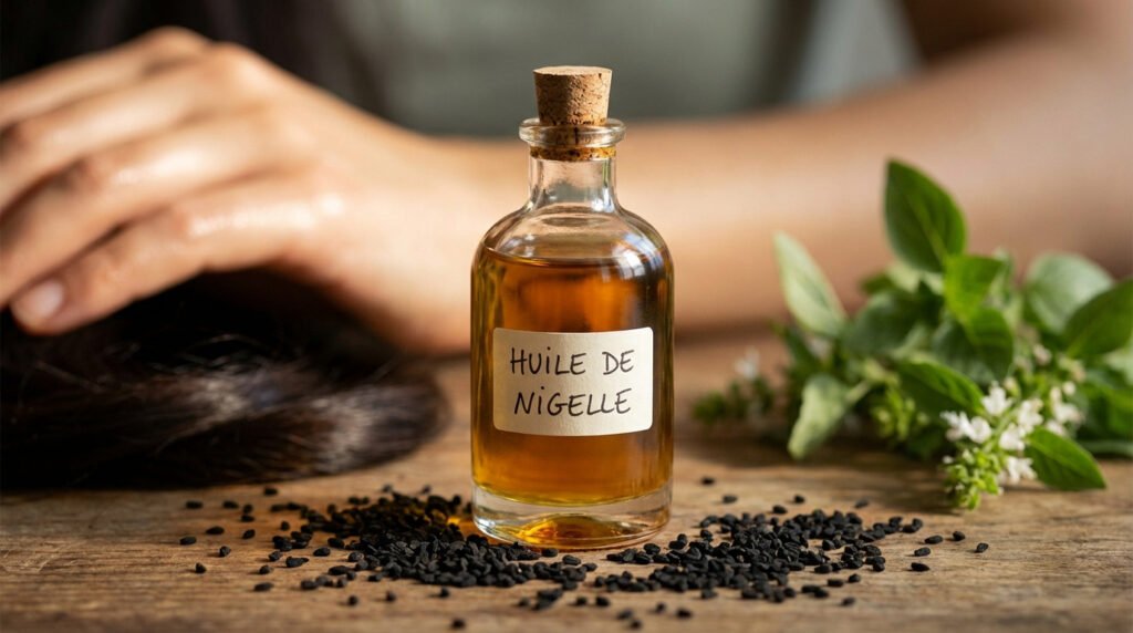Bouteille d'huile de nigelle, graines, main sur des cheveux et feuilles vertes sur une table en bois. Symbolise ses bienfaits naturels.