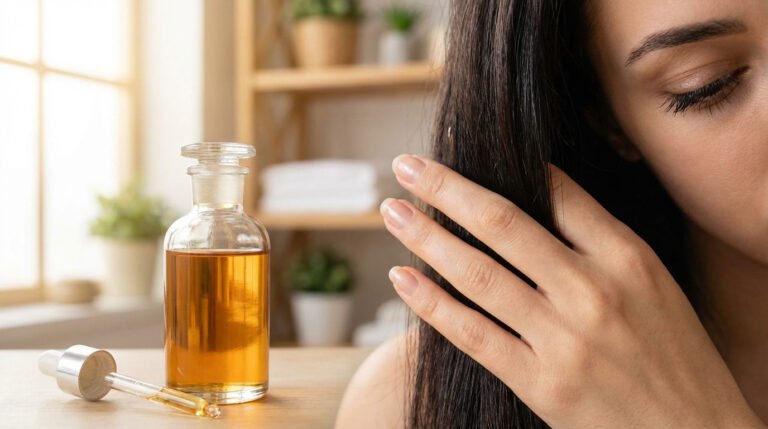 Bouteille d'huile de ricin et pipette, près d'une femme caressant ses cheveux foncés, évoquant un soin capillaire naturel.