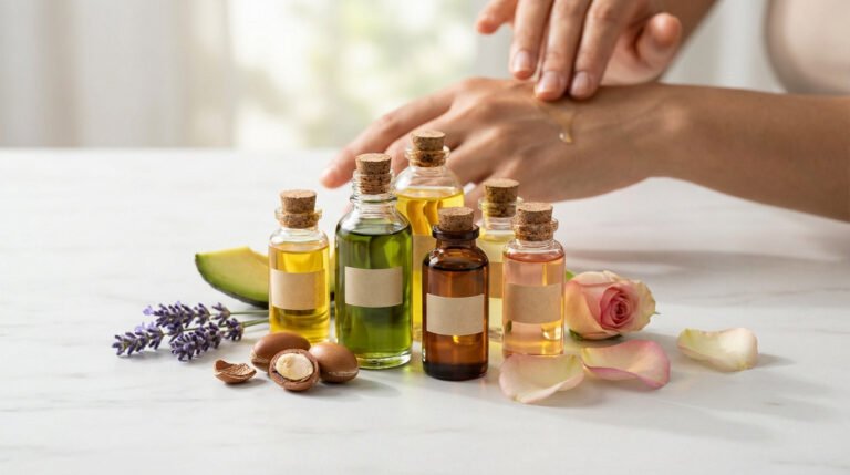 Une main applique une goutte d'huile sur l'autre, entourée de flacons d'huiles végétales, d'avocat, lavande, argan et rose.
