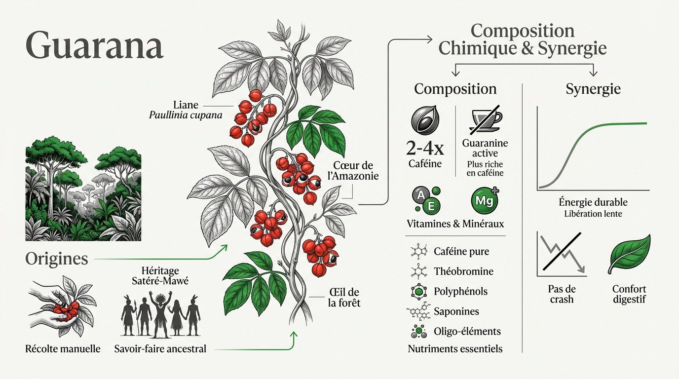 Infographie détaillant les origines amazoniennes, la composition riche en guaranine et la synergie avec les tanins du guarana