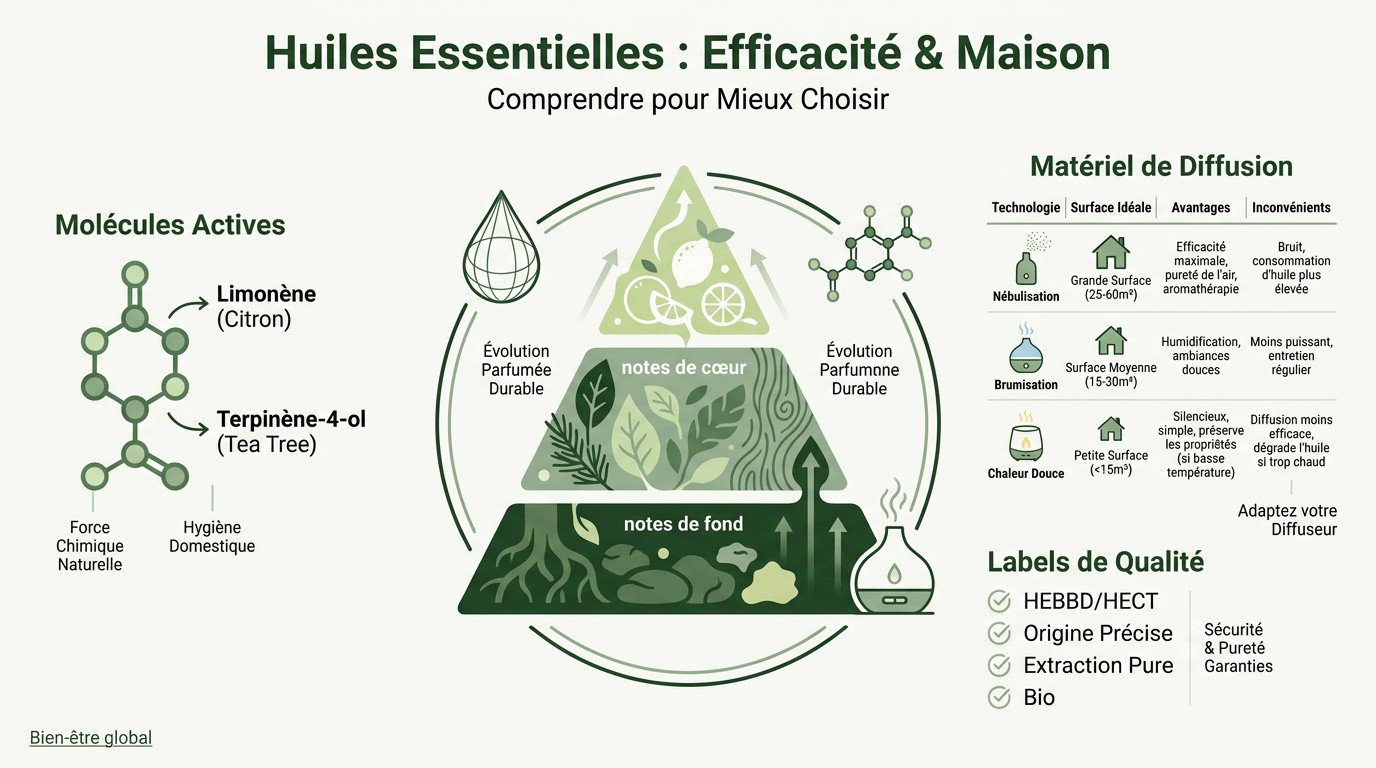 Infographie sur les huiles essentielles pour l'entretien et la diffusion maison