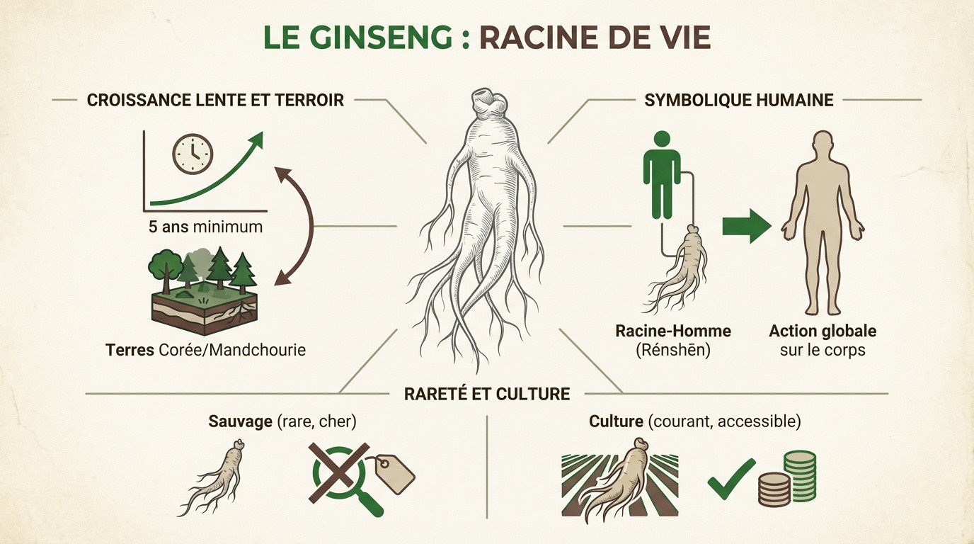 Racine de ginseng frais aux formes humaines caractéristiques évoquant la vitalité
