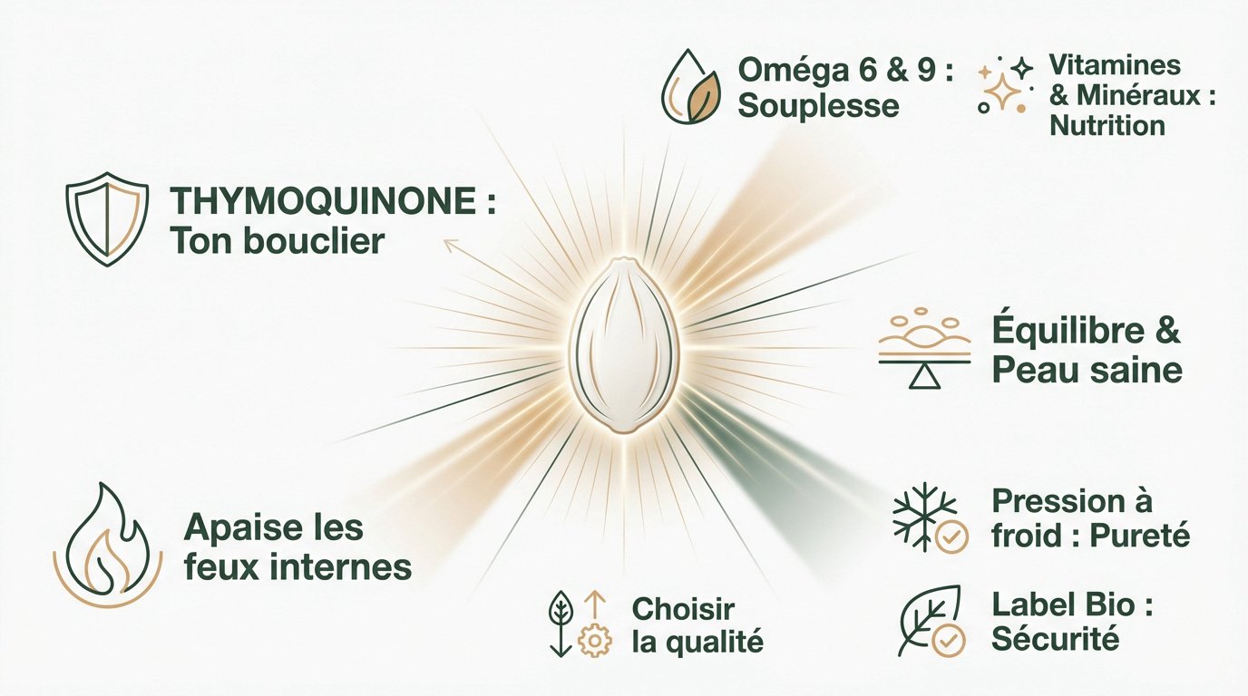 Graines de nigelle et huile précieuse pour le soin de la peau