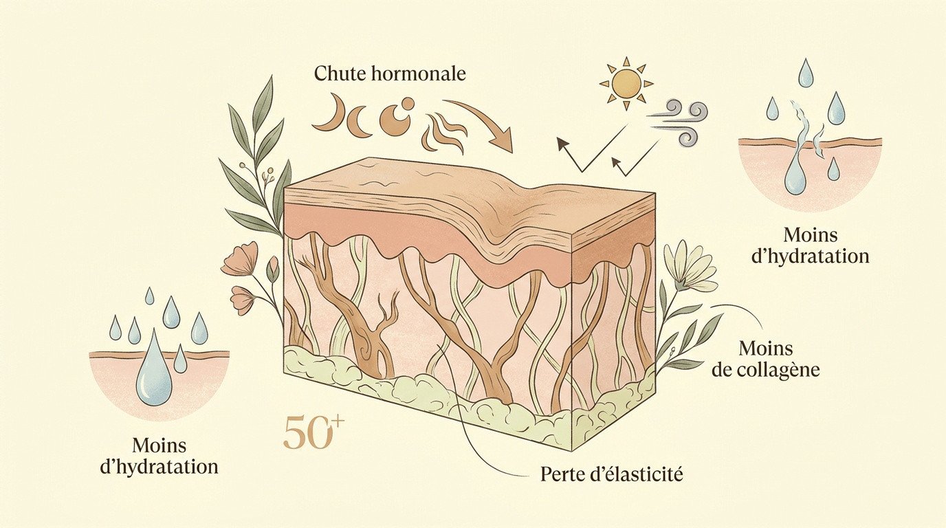 Schéma montrant l'évolution de la structure cutanée et la perte de fermeté après 50 ans