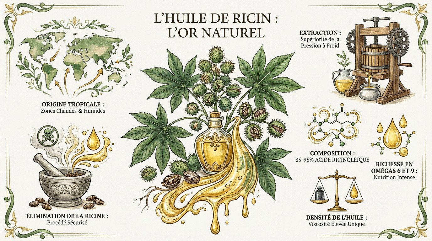 Graines de ricin et huile de ricin pressée à froid dans un flacon en verre