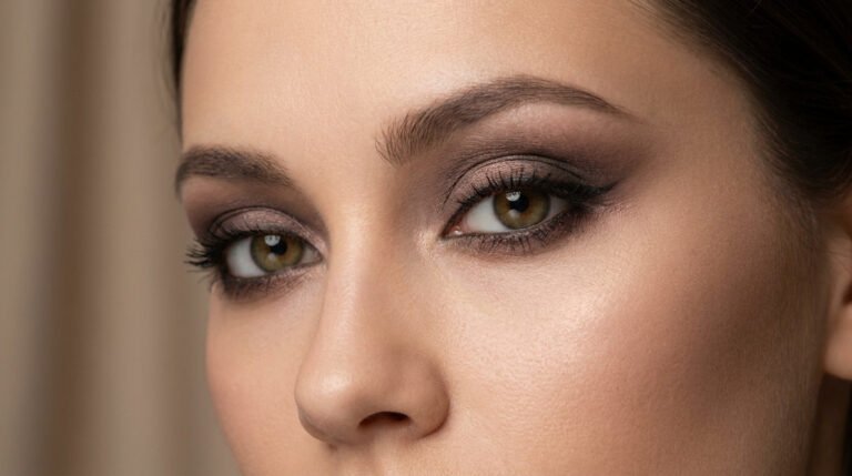 Yeux amande maquillés : fard smoky, liner précis, sourcils définis, cils volumineux. Un look élégant et sophistiqué.