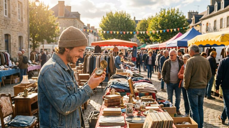 Jeune homme souriant en bonnet et veste en jean examine une boussole dorée dans un vide-grenier animé, sous un soleil doux.