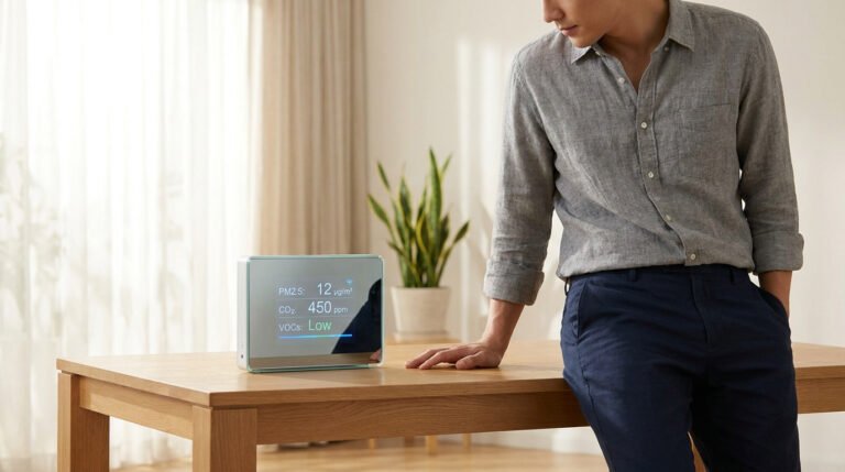 Un homme en chemise grise observe un moniteur d'air intérieur sur une table en bois, affichant des niveaux de PM2.5, CO2 et COV bas.