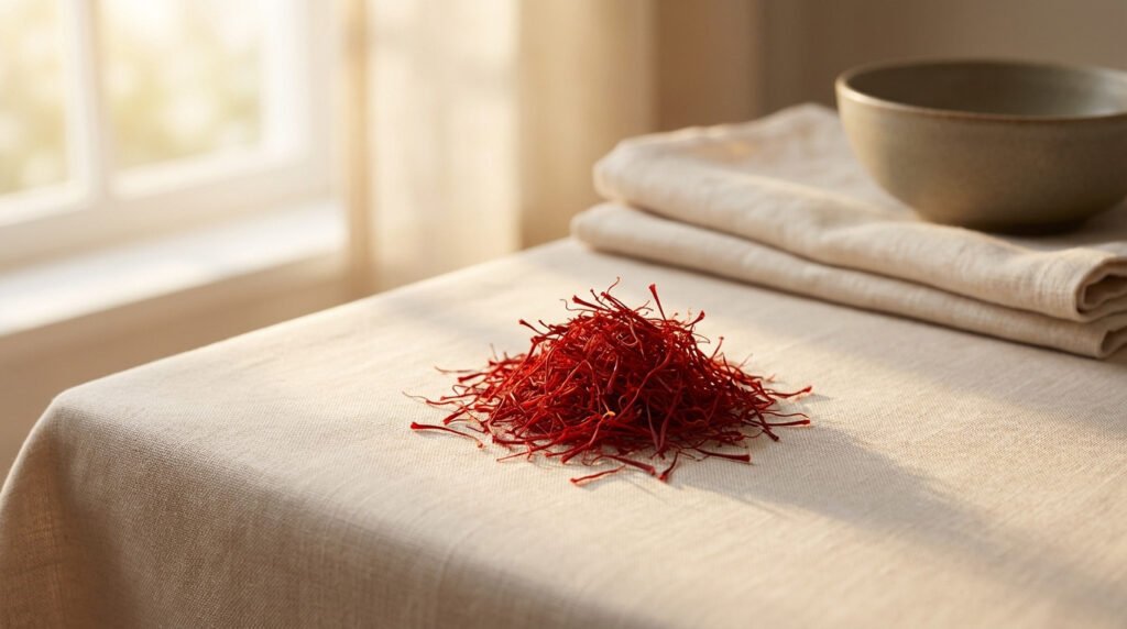 Pile de safran rouge vif sur une nappe en lin beige près d'une fenêtre ensoleillée. Un bol et des serviettes sont visibles.