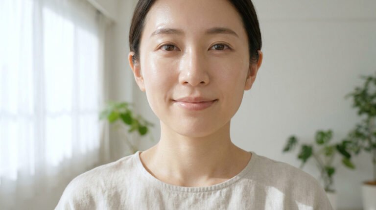 Gros plan sur une femme souriante, peau lisse et éclatante, teint uniforme. Lumière naturelle en arrière-plan.