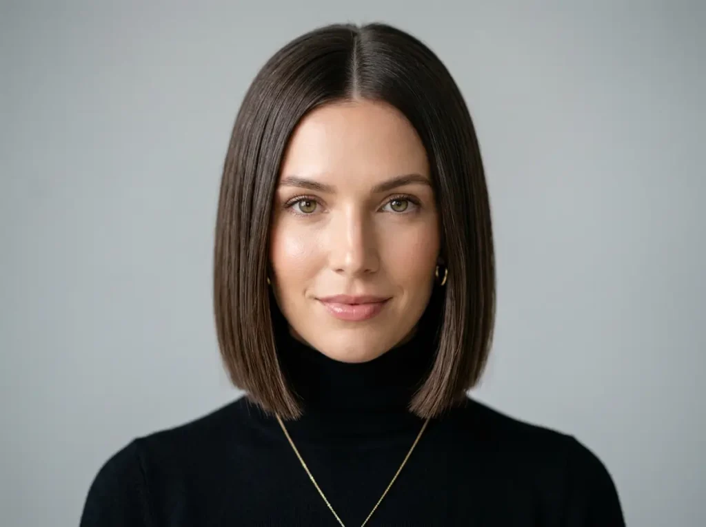 photo réaliste portrait femme 25-32 ans, coupe blunt cut ultra nette moderne, longueur