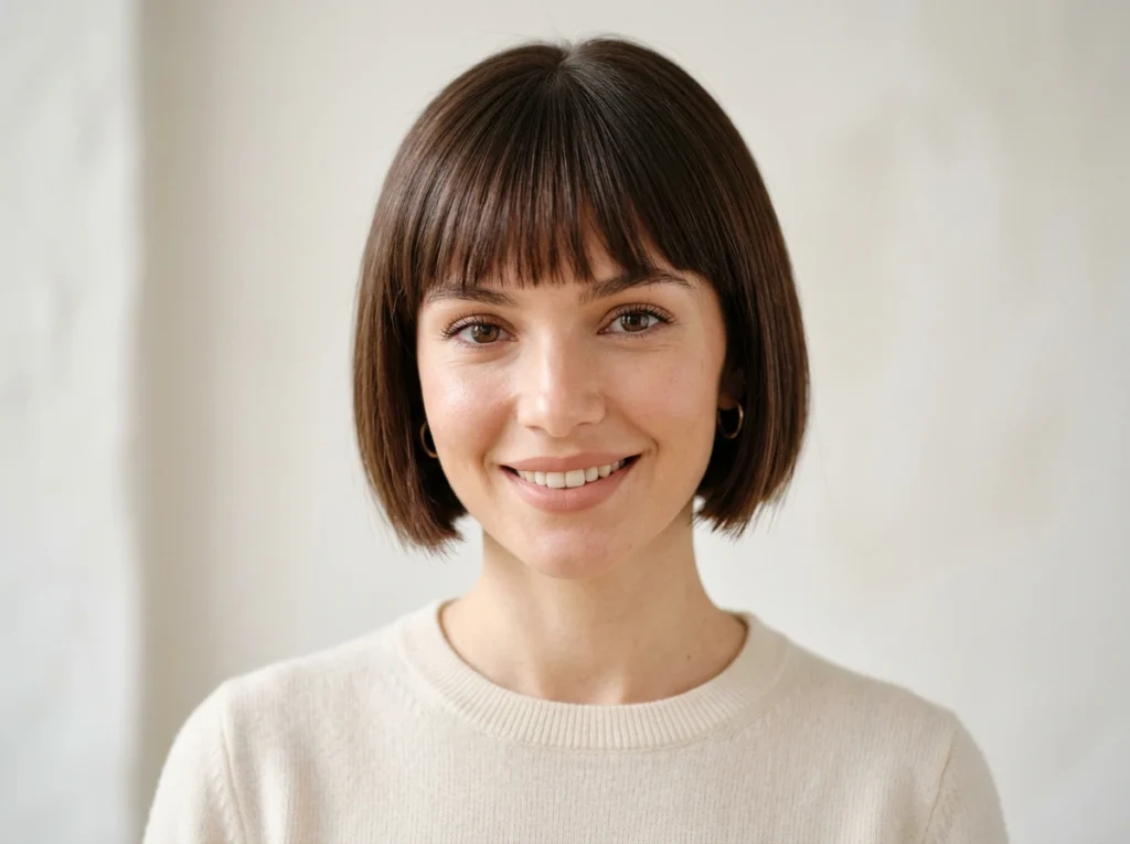 photo réaliste portrait femme 25-32 ans, coupe microbob ultra courte avec frange