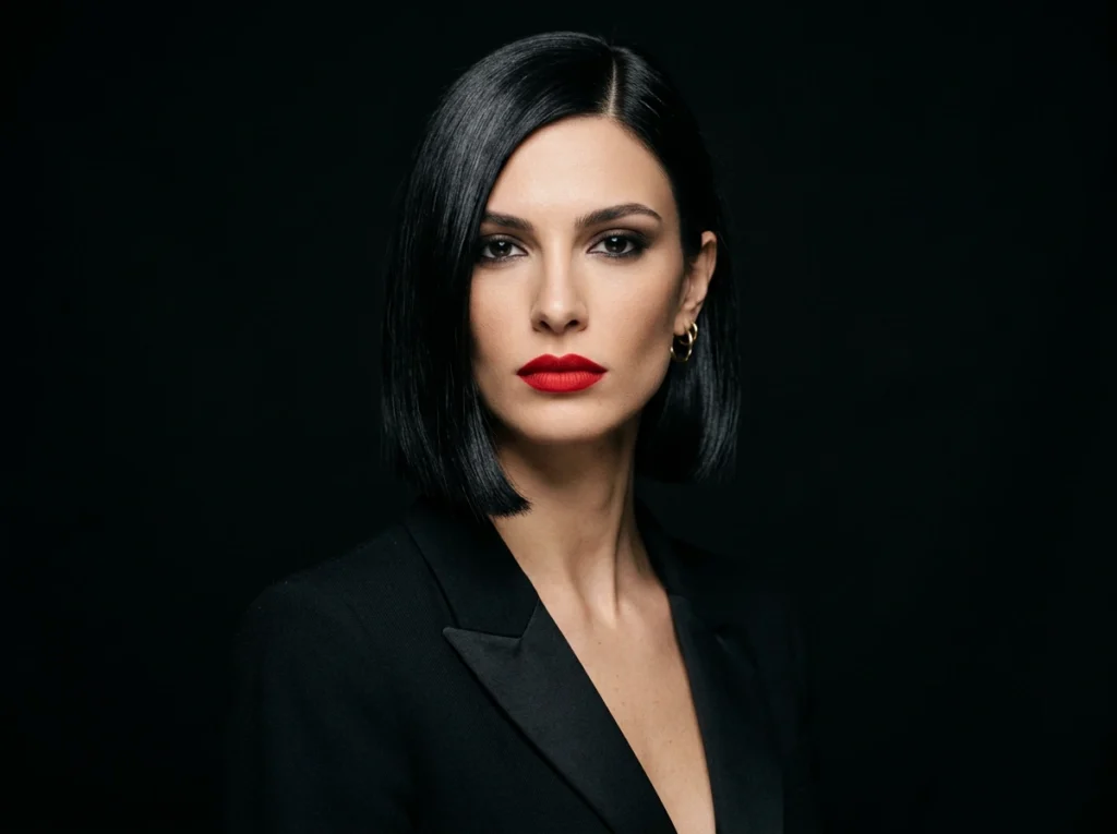 photo réaliste portrait femme 26-33 ans, coupe carré italien sophistiqué, longueur