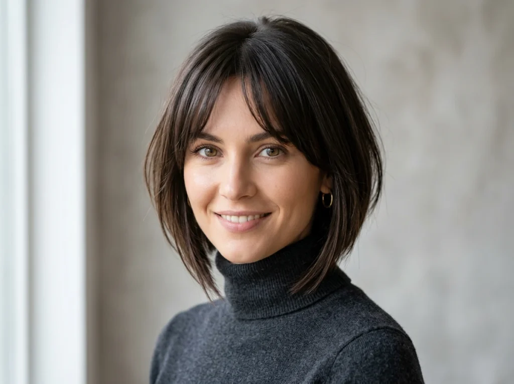 portrait femme 25-30 ans, coupe carré plongeant effilé ultra moderne