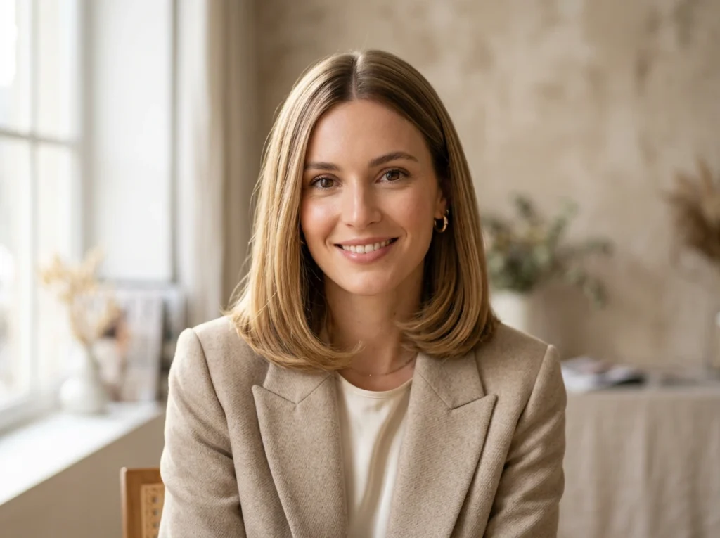 portrait femme 27-34 ans, coupe lob arrondi ultra chic, longueur épaule