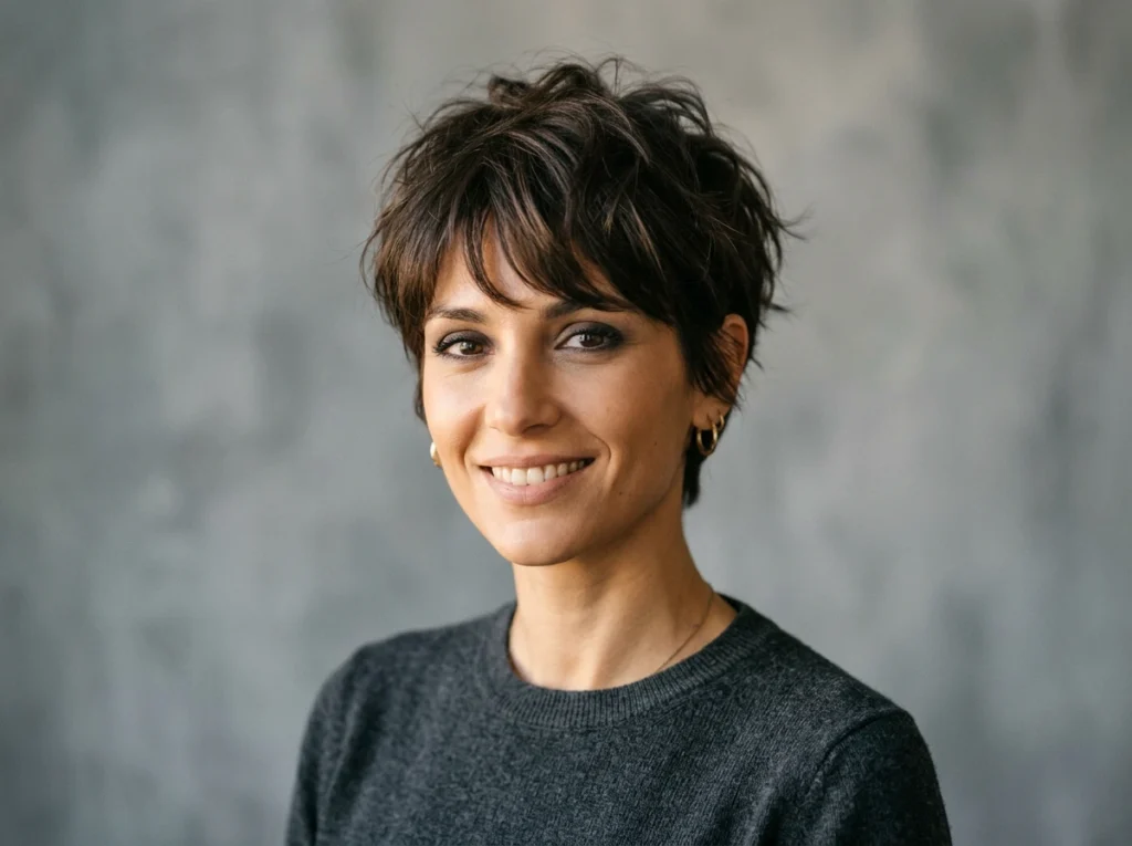 portrait femme 28-35 ans, coupe pixie texturé moderne audacieuse