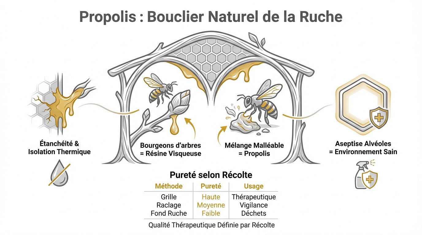 Abeille récoltant de la résine sur un bourgeon pour fabriquer de la propolis