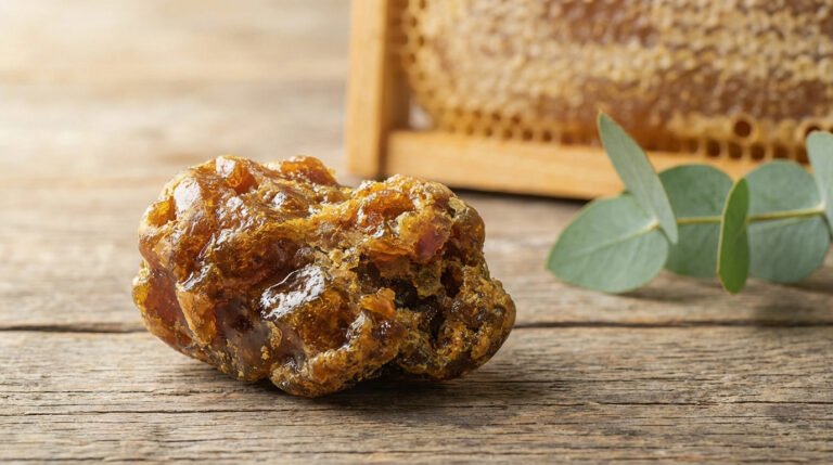 Morceau de propolis brute sur une table en bois, avec un cadre de miel et des feuilles d'eucalyptus flous en arrière-plan.
