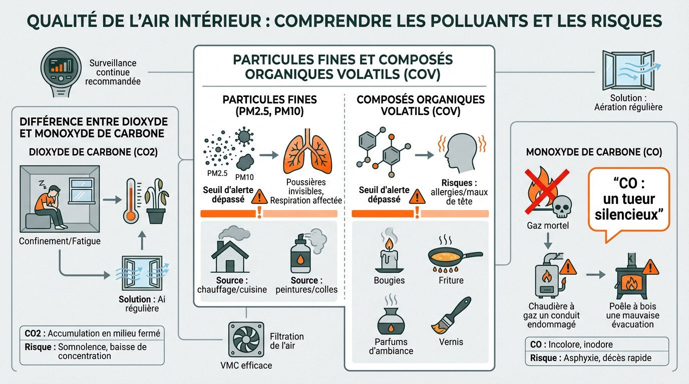 Schéma des polluants de l'air intérieur et leurs impacts sur la santé