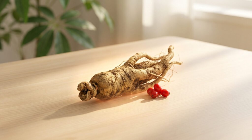 Racine de ginseng brute, beige et noueuse, avec des baies rouges vives sur une table en bois clair sous une lumière douce.