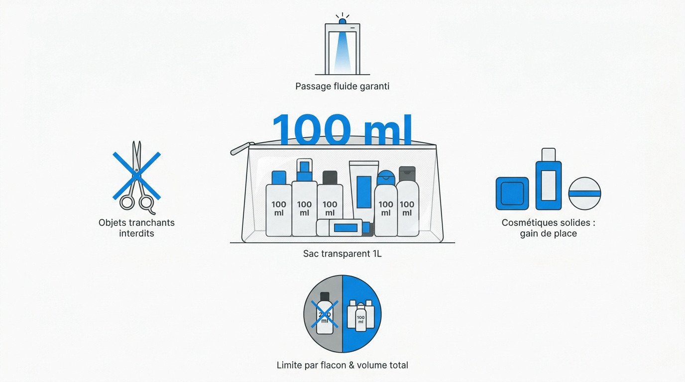 R&eacute;glementation des liquides 100ml et sac transparent pour le contr&ocirc;le de s&eacute;curit&eacute; en a&eacute;roport