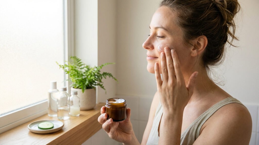 Femme appliquant une crème hydratante sur son visage, yeux fermés, dans un cadre lumineux avec des produits naturels et une plante.