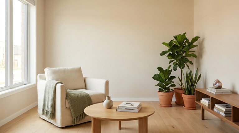 Salon lumineux et épuré: fauteuil beige, plaid vert, table basse en bois, plantes vertes en pots terre cuite, et fenêtre.